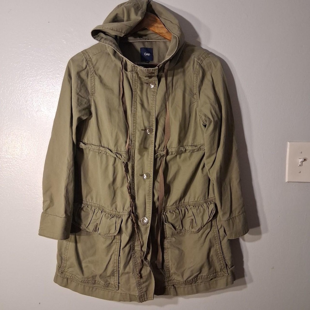 Womens Gap khaki green hooded trench coat with button-up and zip